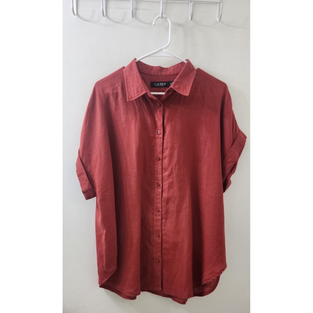 Lauren Ralph Lauren Terracotta Red Linen Button Down Shirt XL Short Sleeve